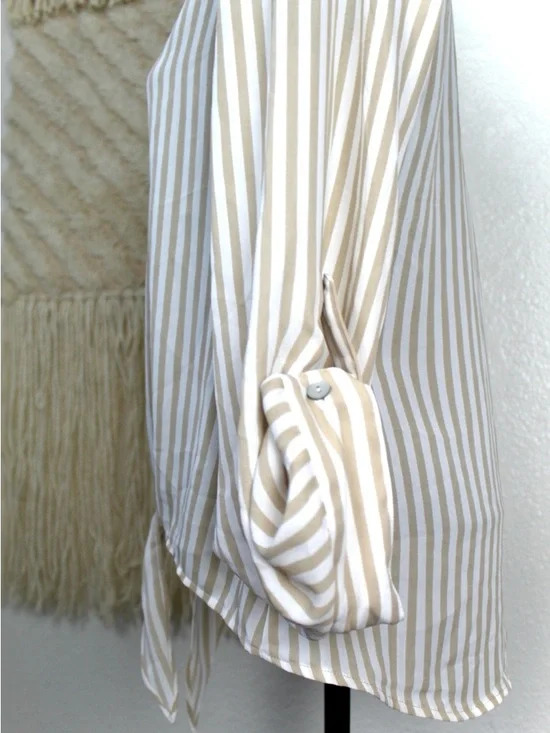 Chico's Size 0 Striped Long Sleeve Front
Tie Blouse Tan, white chifon - Picture 3 of 8